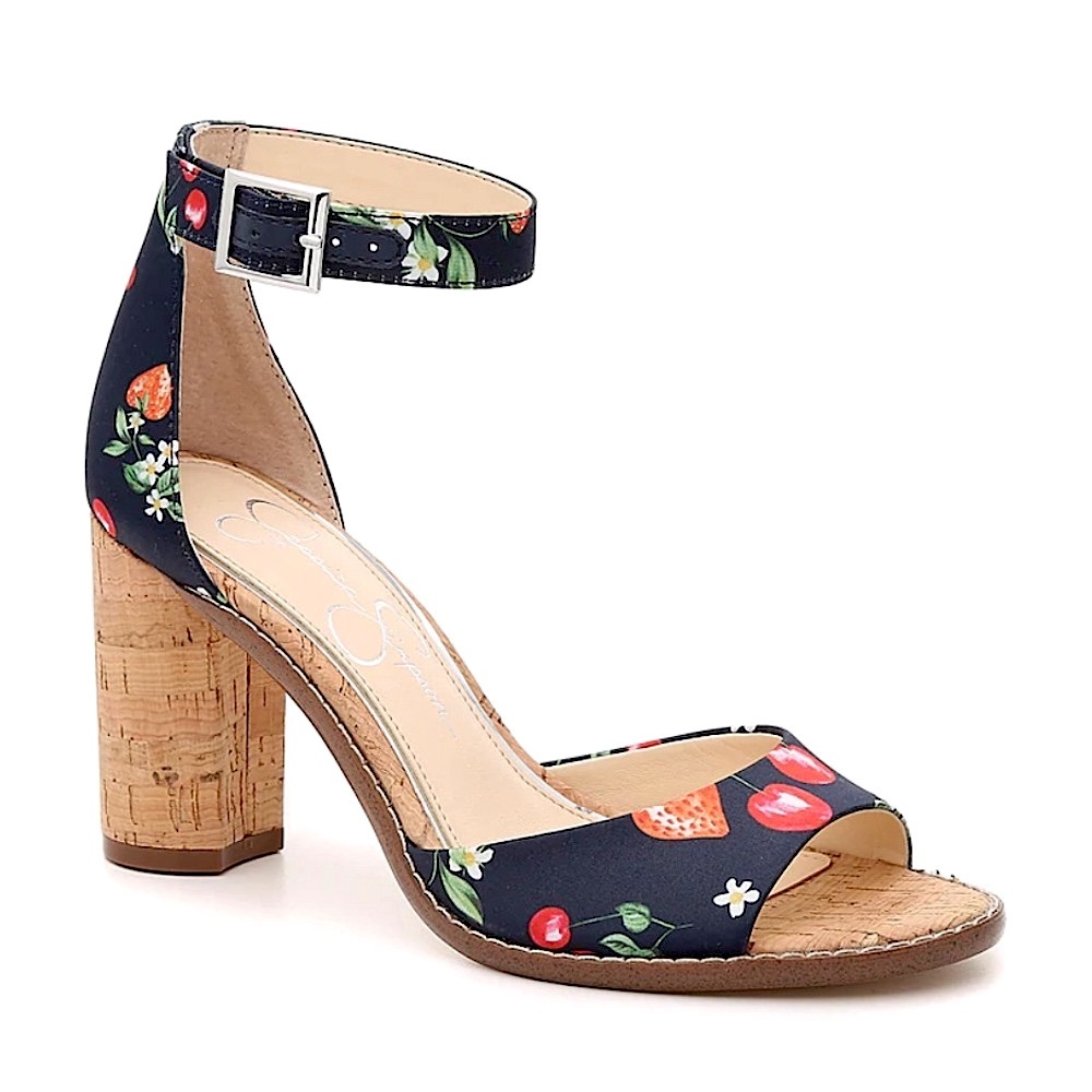 Jessica Simpson Maivel Daisy Fruit Print Ankle Heel Navy Chunky Cork Block Heel